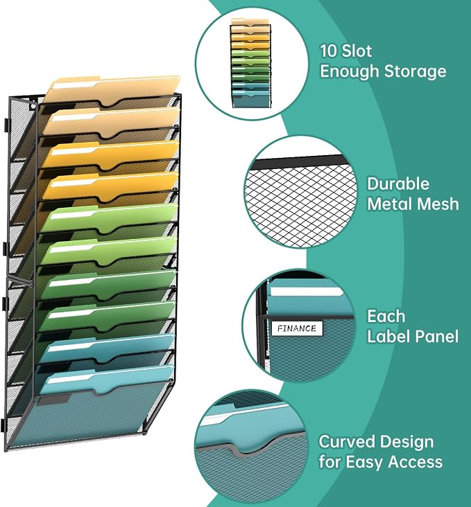SUPEASY 10-Tier Wall File Organizer Mesh Office Mail Holder, Hanging Wall - Image 3