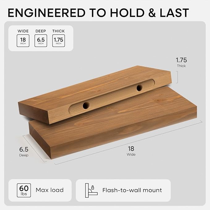 Homeforia 18 inch Golden Oak Floating Shelf, High End Solid Real Wood 18inch - Image 2