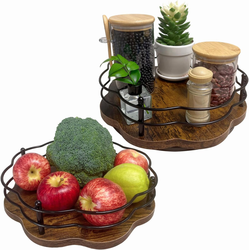 2 Pack, 11" & 12" Wooden Lazy Susan Turntable with Higher Metal Sides