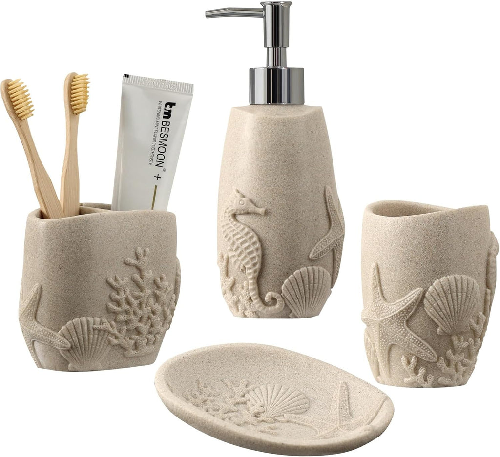 Bathroom Accessories Set, 4 PCS, Sea Bathroom Decor, Sandstone Look