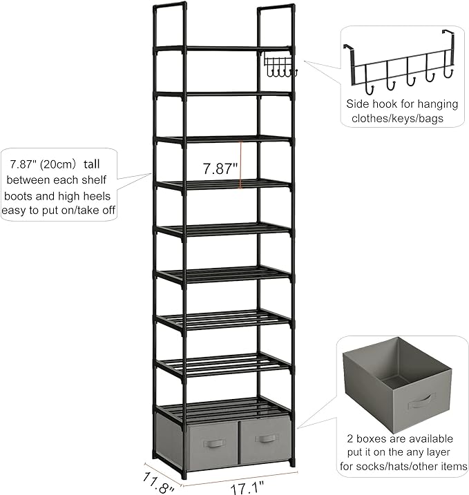OYREL Tall Shoe Rack Narrow 10 Tier Shoes Rack 20 25 Pairs, Shoe Storage - Image 3