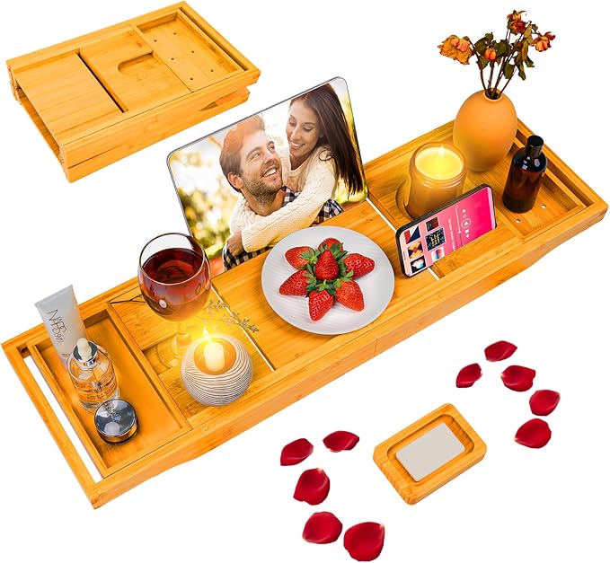 Foldable Bathtub Caddy Tray, Bamboo Bath Tub Tray Table by BESHOF