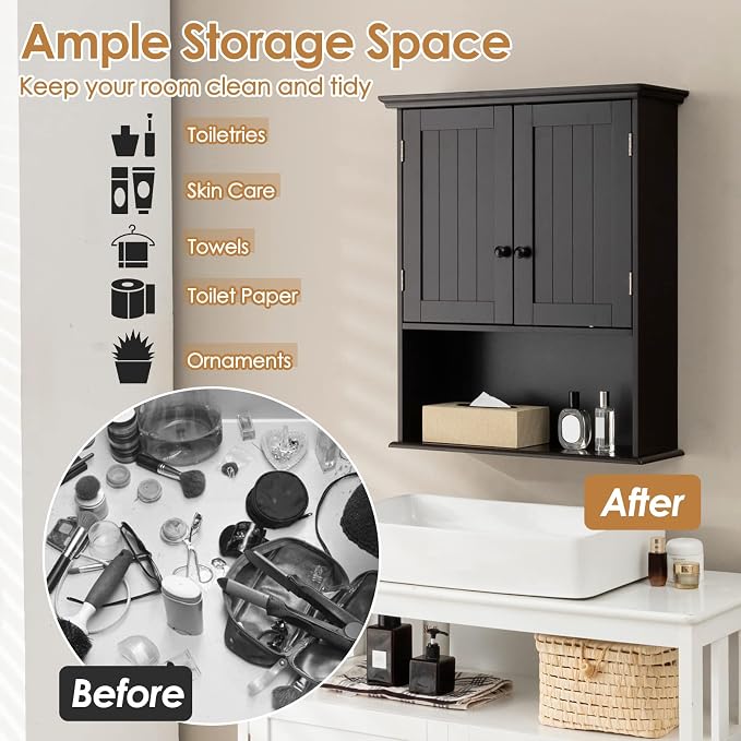 Tangkula Wall Mount Bathroom Cabinet Wooden Medicine Cabinet Storage Organizer - Image 8
