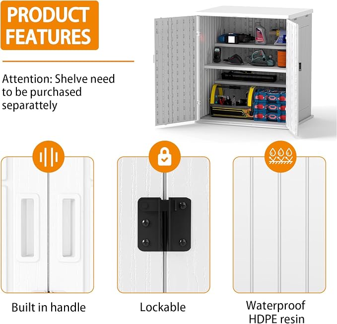 Outdoor Storage Cabinet with 2 Shelves, Waterproof Resin Vertical Tool Shed - Image 3