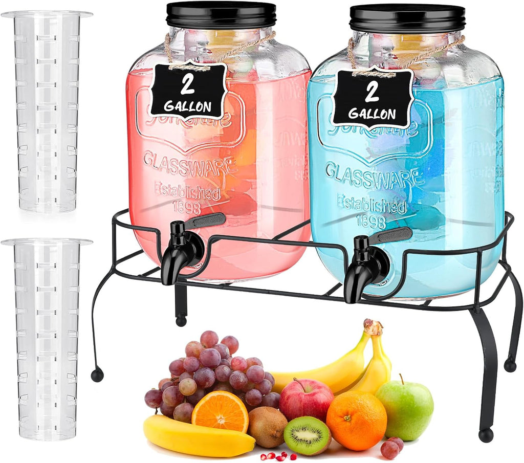 Lallisa 2 Pcs 2 Gallon Glass Drink Dispenser with Stand Ice Cylinder