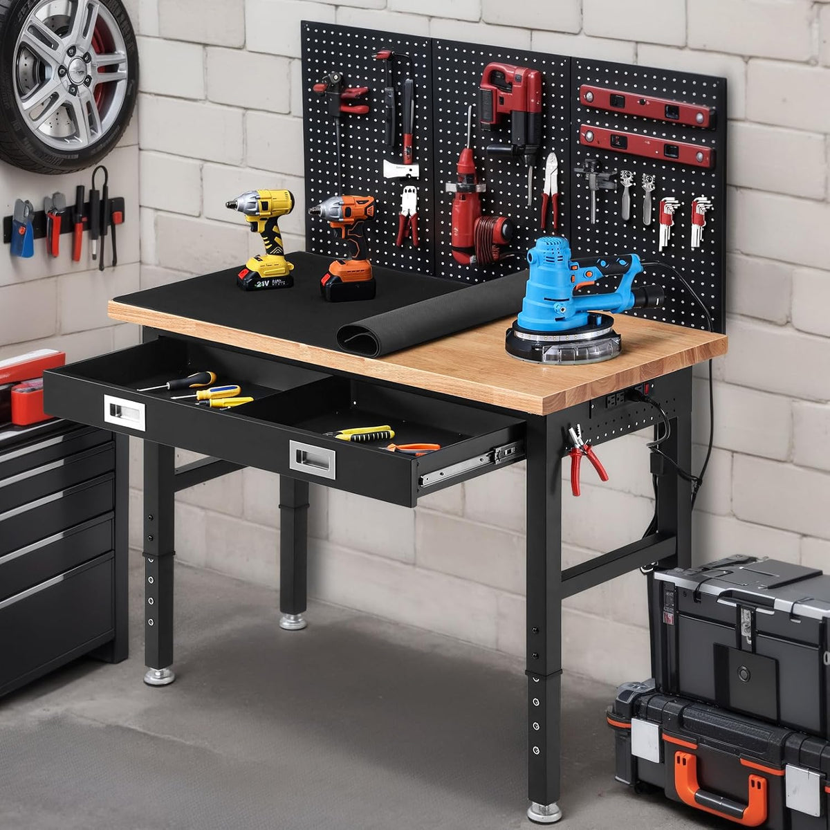 48" Adjustable Height Workbench with Drawers, Rubberwood Top