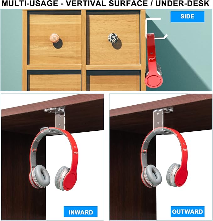 Cosmos 2 Pcs Headphone Hanger Mount Under-Desk Headset Hanger Hook Earphone - Image 3