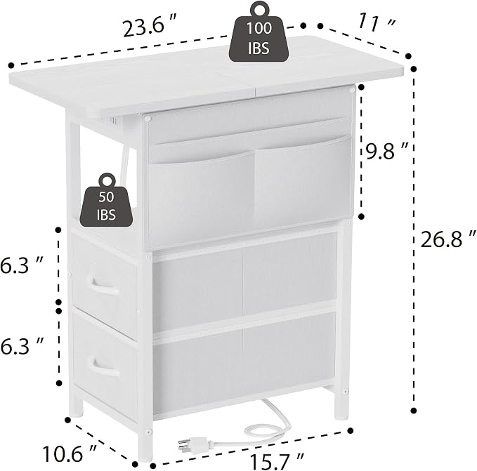 Small Side Table with Charging Station, Narrow Nightstand Bedside Tables with - Image 3
