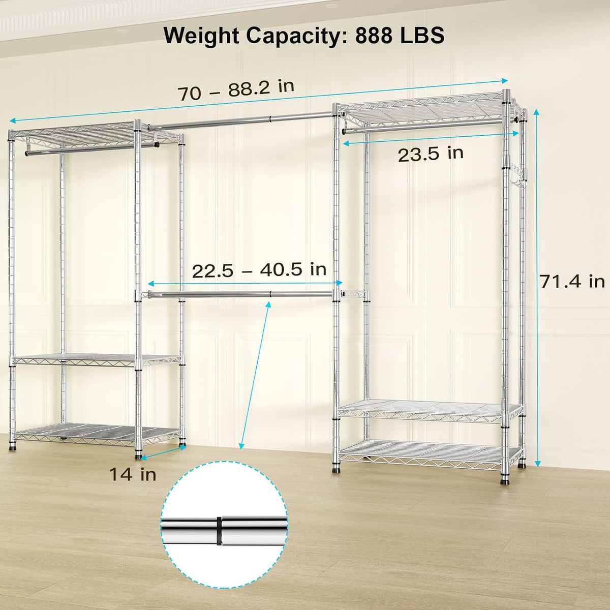 E1 Heavy Duty Closet Garment Rack, 6 Tiers Adjustable Clothing Storage
