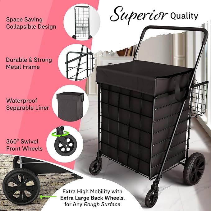 Shopping Cart w/Waterproof Basket Liner & 360° Swivel Wheels | Foldable - Image 3