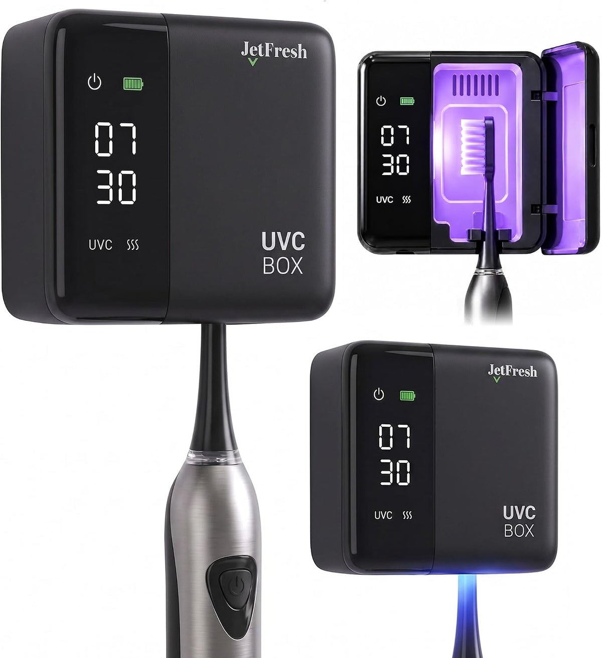 Jetfresh UV Toothbrush Sanitizer Holder & Cleaner with LED Clock