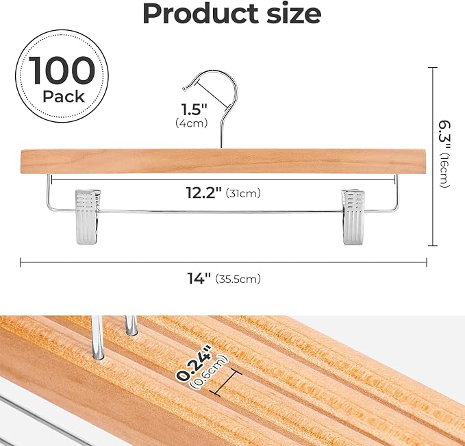 HOUSE DAY Premium Wooden Pants Hangers 100 Pack, Solid Lotus Wood Skirt Hangers - Image 2
