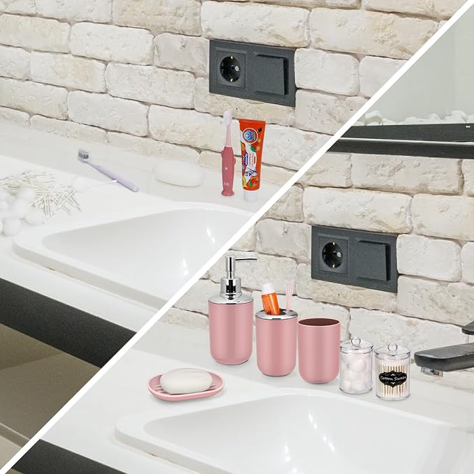 7 Piece Pink Bathroom Set, Soap Dispenser, Toilet Brush, Trash Can & Décor Tray - Image 3