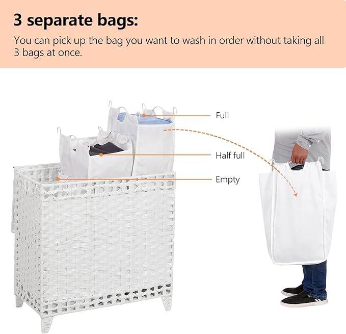 Laundry Hamper with 3 Removable Liner Bags; 132L Handwoven Rattan Laundry - Image 3