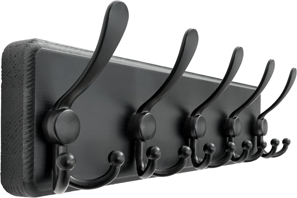 Coat Rack Wall Mounted - 5 Tri Hooks, Heavy Duty, Wooden Wall Coat