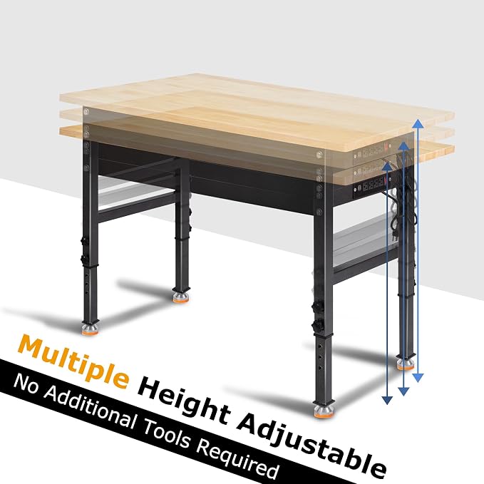 48" Adjustable Work Bench, Rubber Wood Top Workbench Heavy-Duty Work Table - Image 6