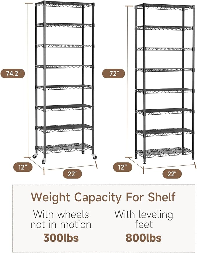 8 Tier Shelves Storage Shelf Wire Closet Bathroom Organizers Metal Pantry - Image 3