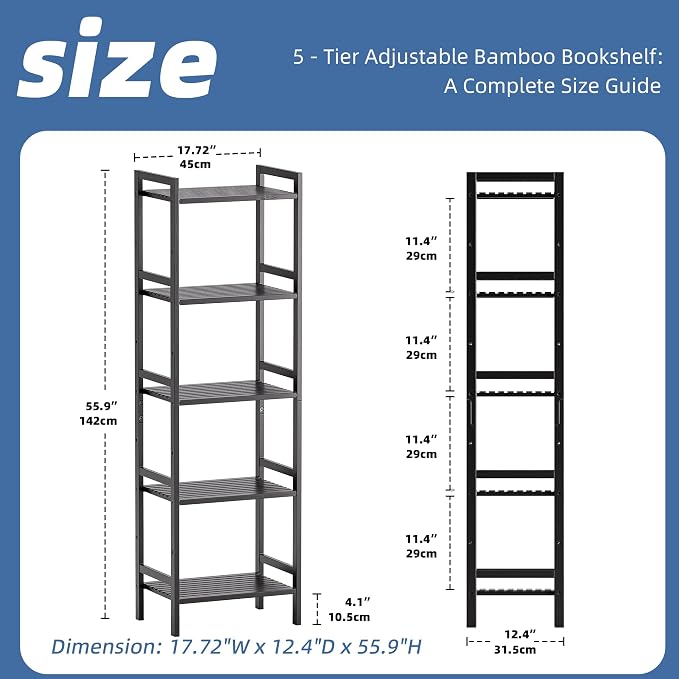 HITNET 5 Tier Narrow Bookshelf, Bamboo Bookcase, Slim Tall Storage Rack Free - Image 3