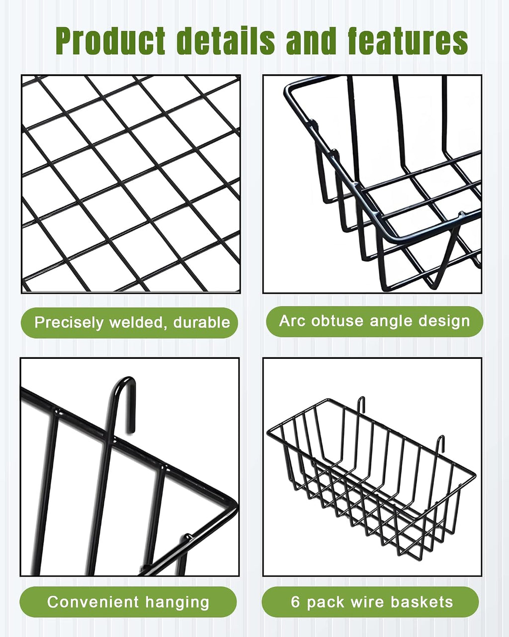 6 Pack Wire Baskets, Grid Wire Panel Hanging Wall Basket, Black