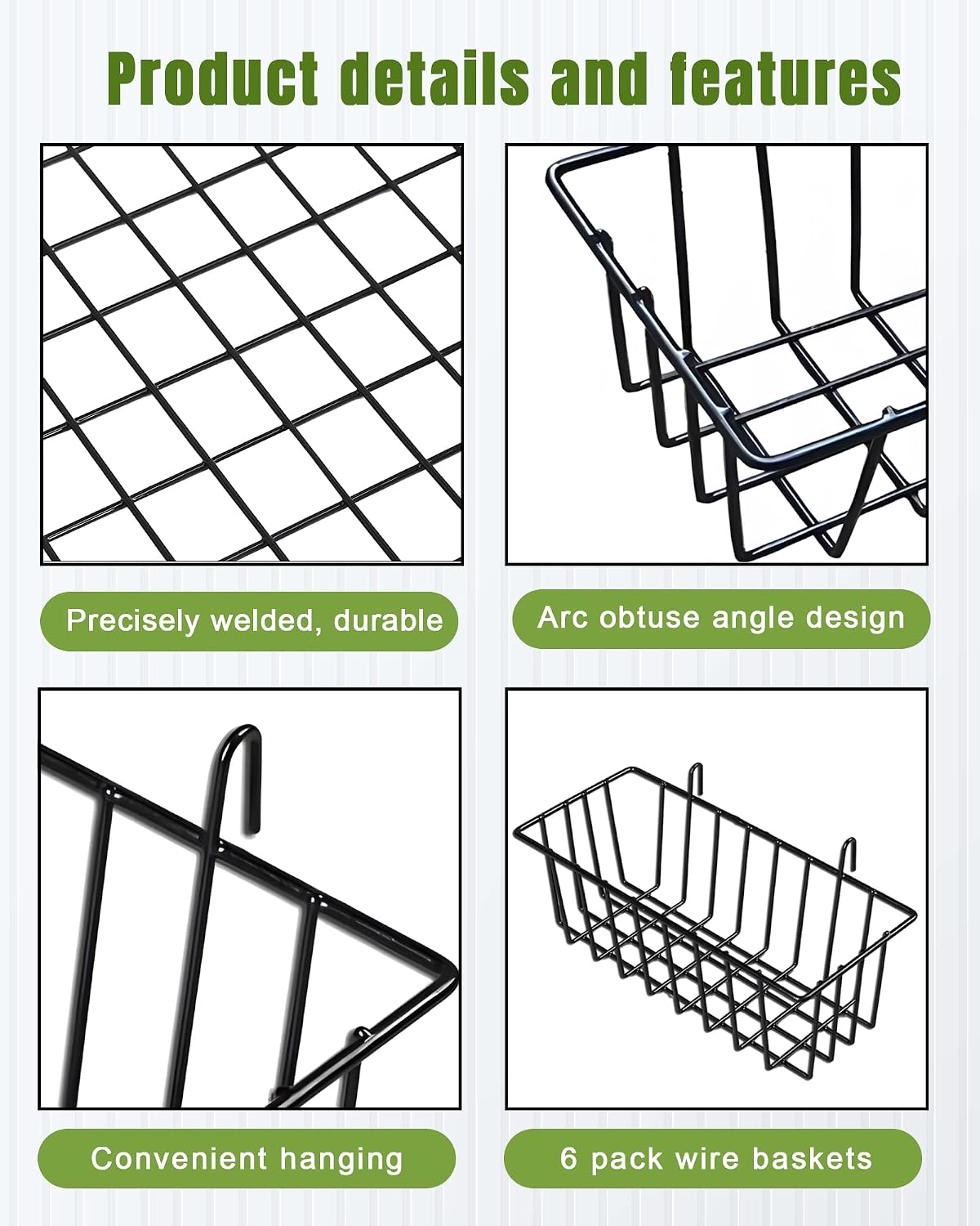 6 Pack Wire Baskets, Grid Wire Panel Hanging Wall Basket, Black