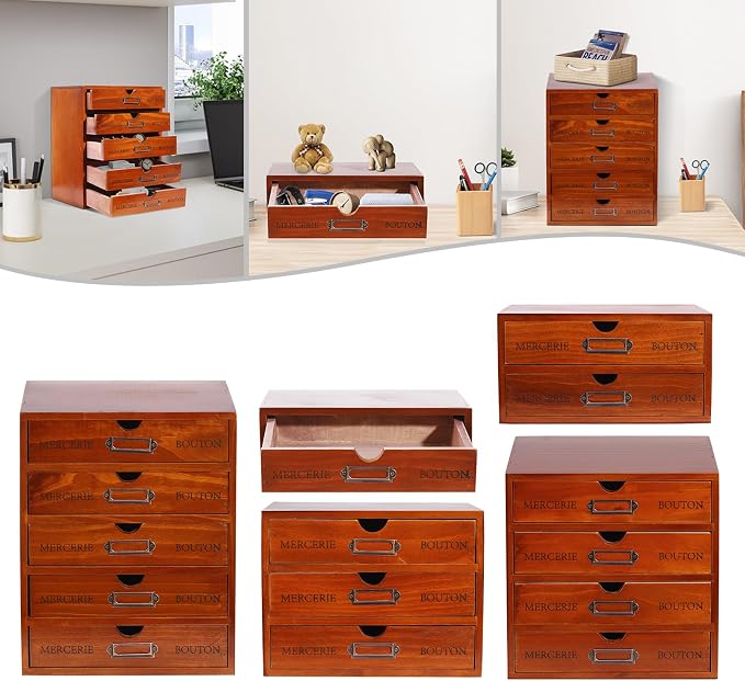 5Pcs Storagee Drawers, Retro Desktop Organize, Wooden Desktop Organizer - Image 3