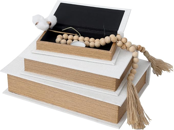 Modern Linen and Wood Decorative Faux Book Boxes Set of 3-13" - Image 3