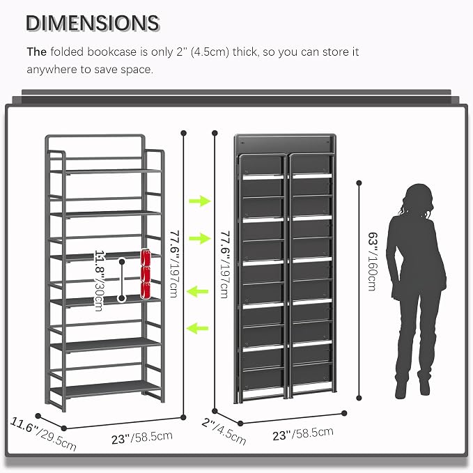 4NM No Assembly 6 Tiers Folding Bookshelf Storage Shelves Vintage Bookcase - Image 3
