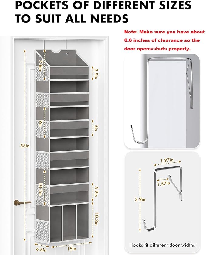 Over The Door Organizer with 6 Large Clear Pockets 12 Mesh Side Pockets - 50LB - Image 2