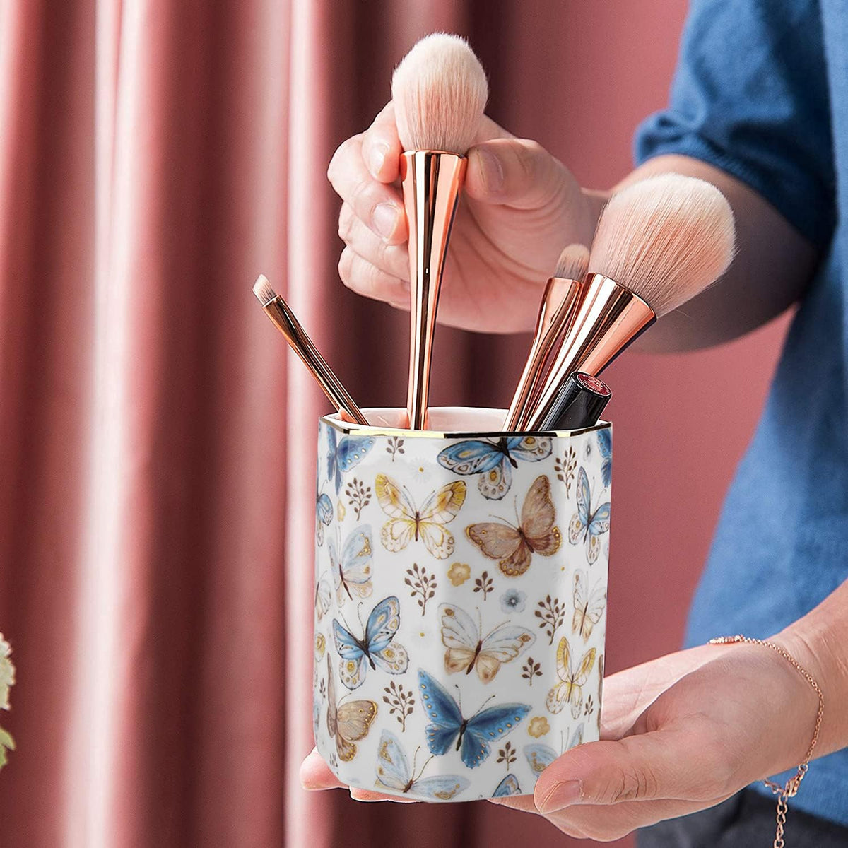 Jwest Pen Holder, Ceramic Shiny Gold Graphic Butterfly Pattern Pencil