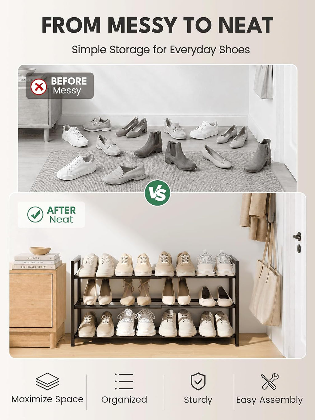 3 Tier Expandable Shoe Rack for Closet, Black