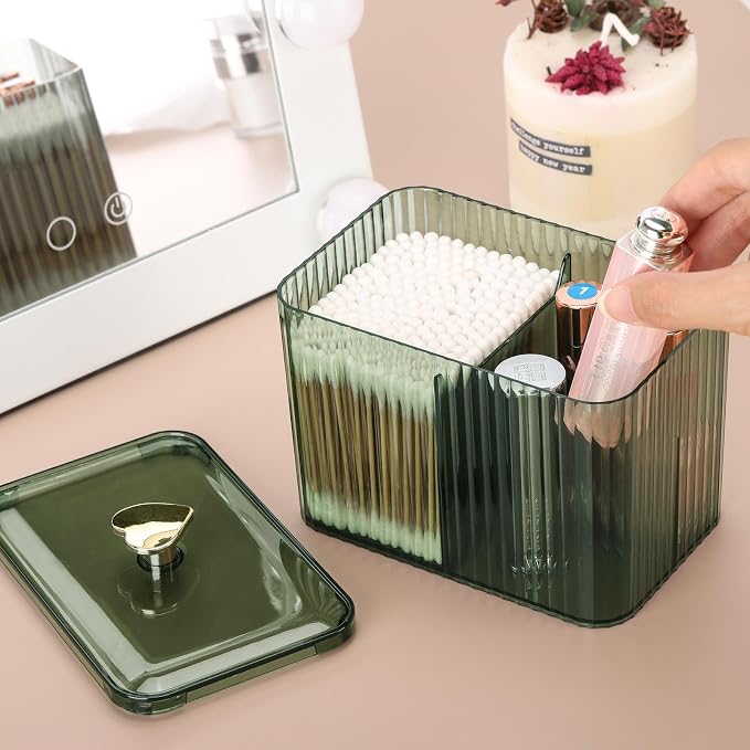 Tbestmax Qtip Holder Dispenser 3-Section Clear Bathroom Organizer Jar 3 Grids - Image 2