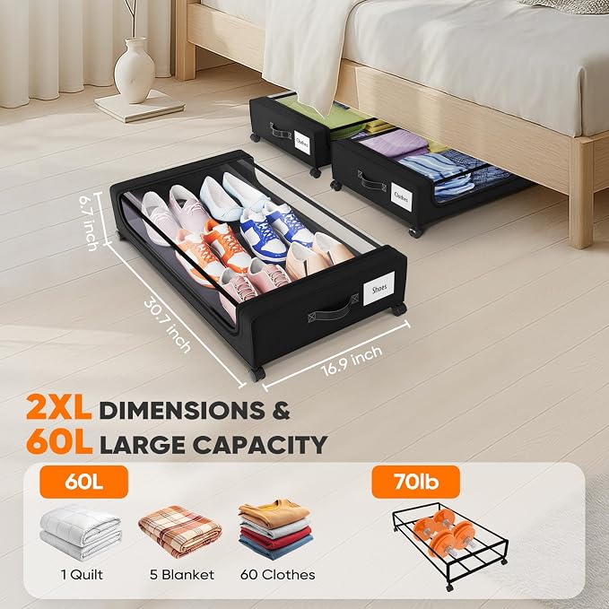 Camkey® Under Bed Storage with 360° Wheels, 60L Low-Profile Rolling Underbed - Image 2