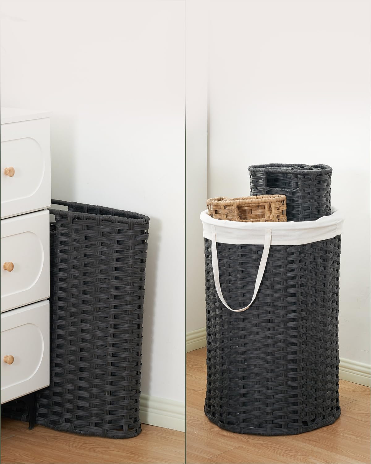 Laundry Basket Round PE Rattan Laundry Hamper, Black (No Lid)