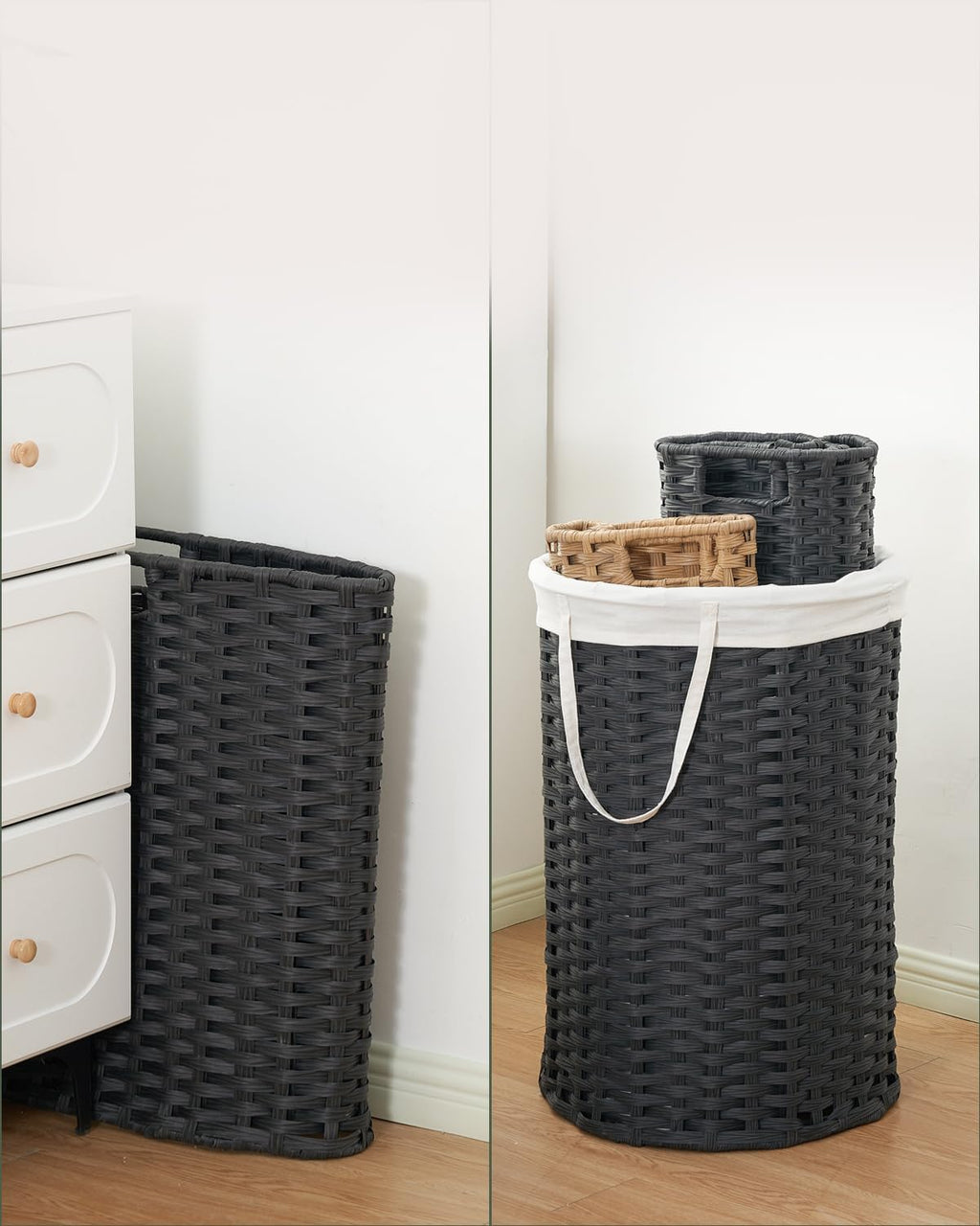 Laundry Basket Round PE Rattan Laundry Hamper, Black (No Lid)