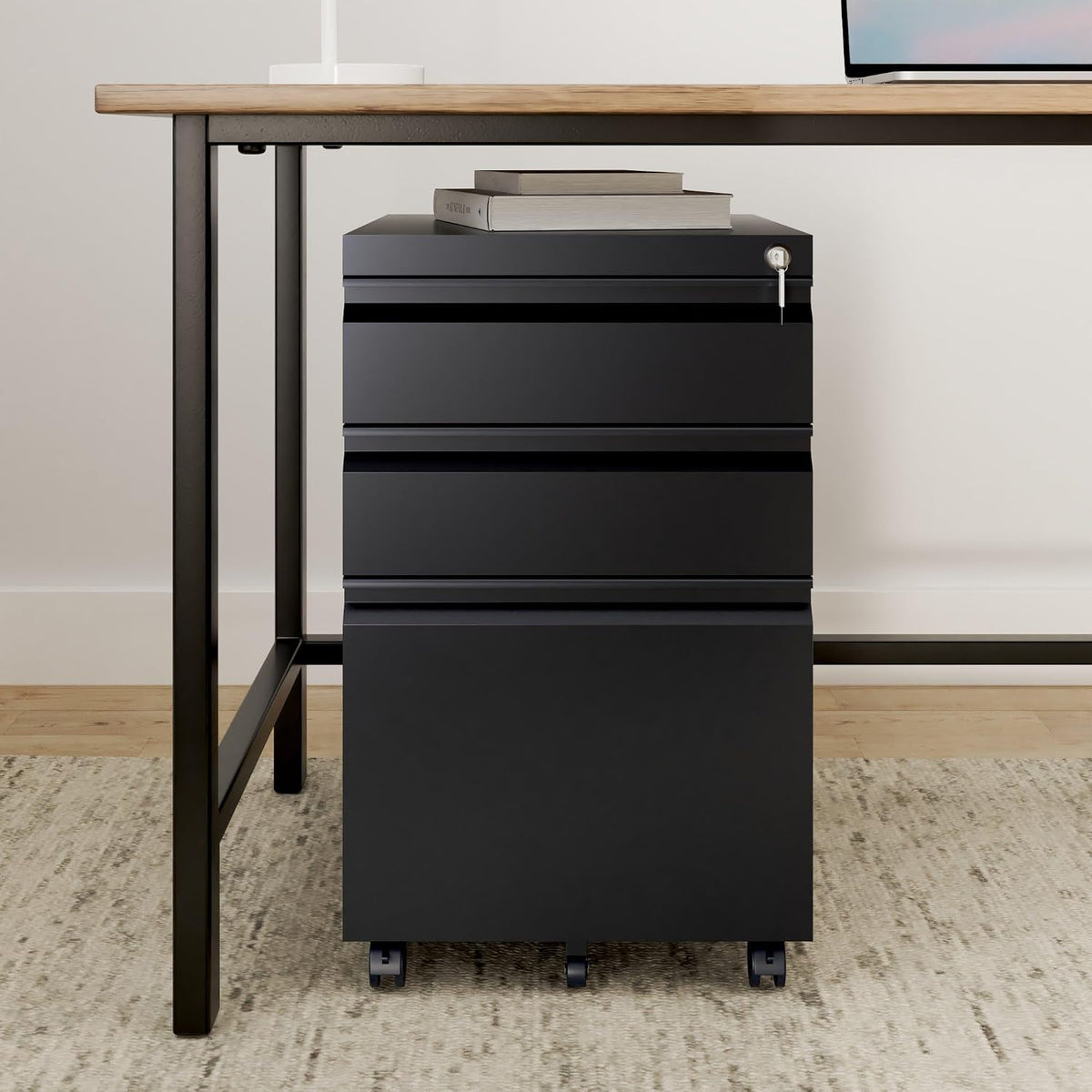 3 Drawer Vertical File Cabinet, Black Mobile Filling Cabinet with Lock
