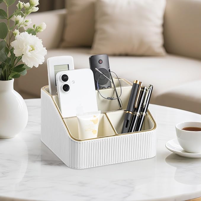 Remote Control Holder with 4 Compartments, PU Leather Small Nightstand Organizer - Image 2