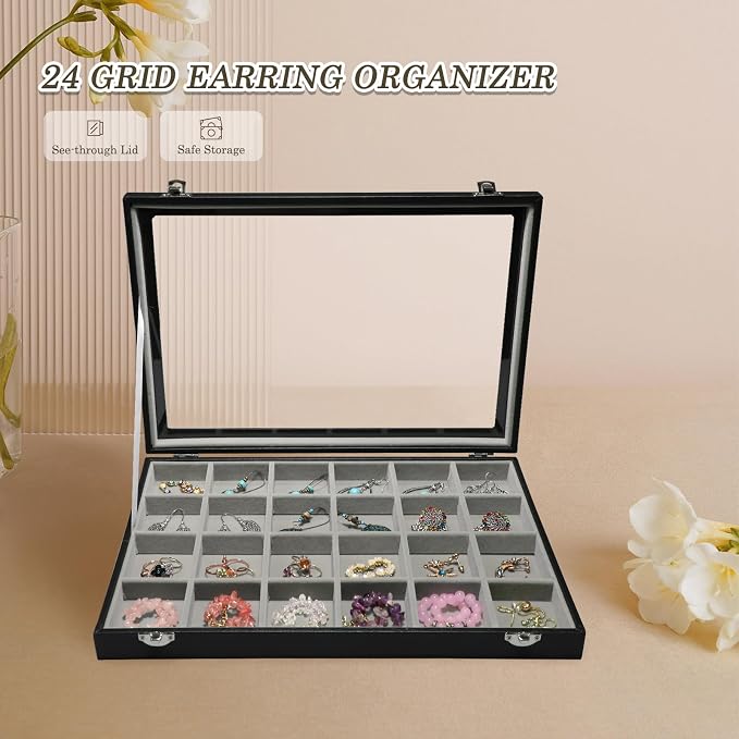 Stratalife Earring Organizer Velvet Jewelry Organizer Box 24 Grid Earring Tray - Image 2