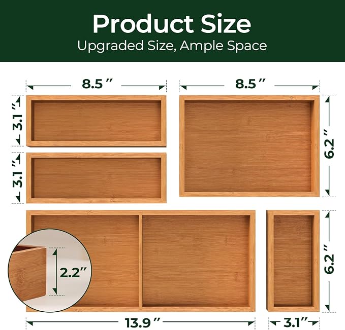 5-Piece Bamboo Drawer Organizer Set, 2.2" Deep Multi-Use Organizers - Image 6