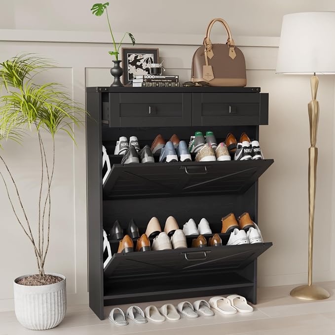 Shoe Cabinet with 2 Flip Drawers & 2 Drawers, Farmhouse Shoe Storage Cabinet - Image 9