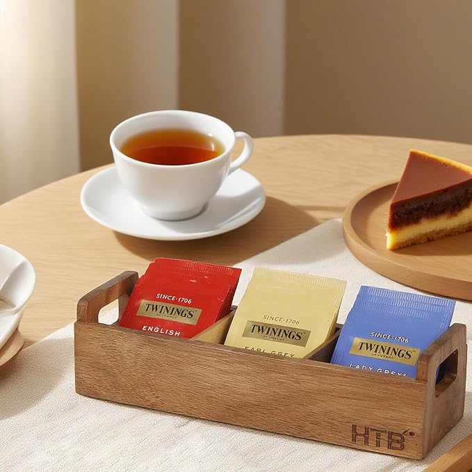 HTB Small Tea Bag Box Wooden, 3 Compartments Acacia Wood Tea Bag Chest - Image 8