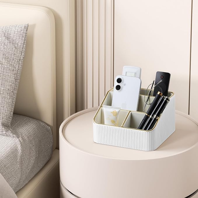 Remote Control Holder with 4 Compartments, PU Leather Small Nightstand Organizer - Image 5