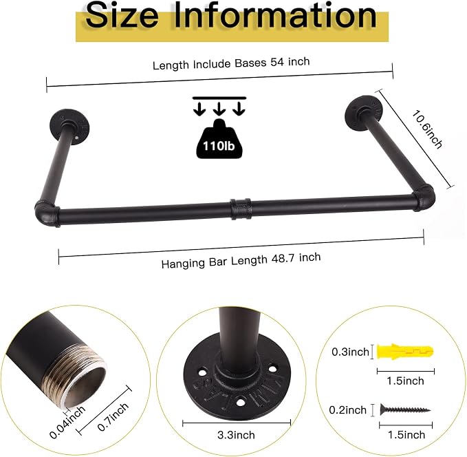 54” Wall Mounted Clothes Rack, Industrial Pipe Black Iron Garment Bar, - Image 5