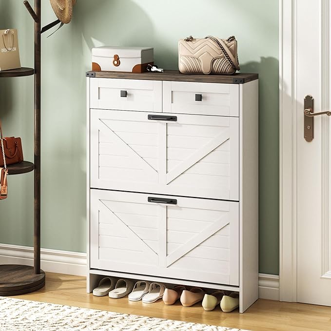 Shoe Cabinet with 2 Flip Drawers & 2 Drawers, Farmhouse Shoe Storage Cabinet - Image 6