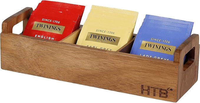 HTB Small Tea Bag Box Wooden, 3 Compartments Acacia Wood Tea Bag Chest by HTB