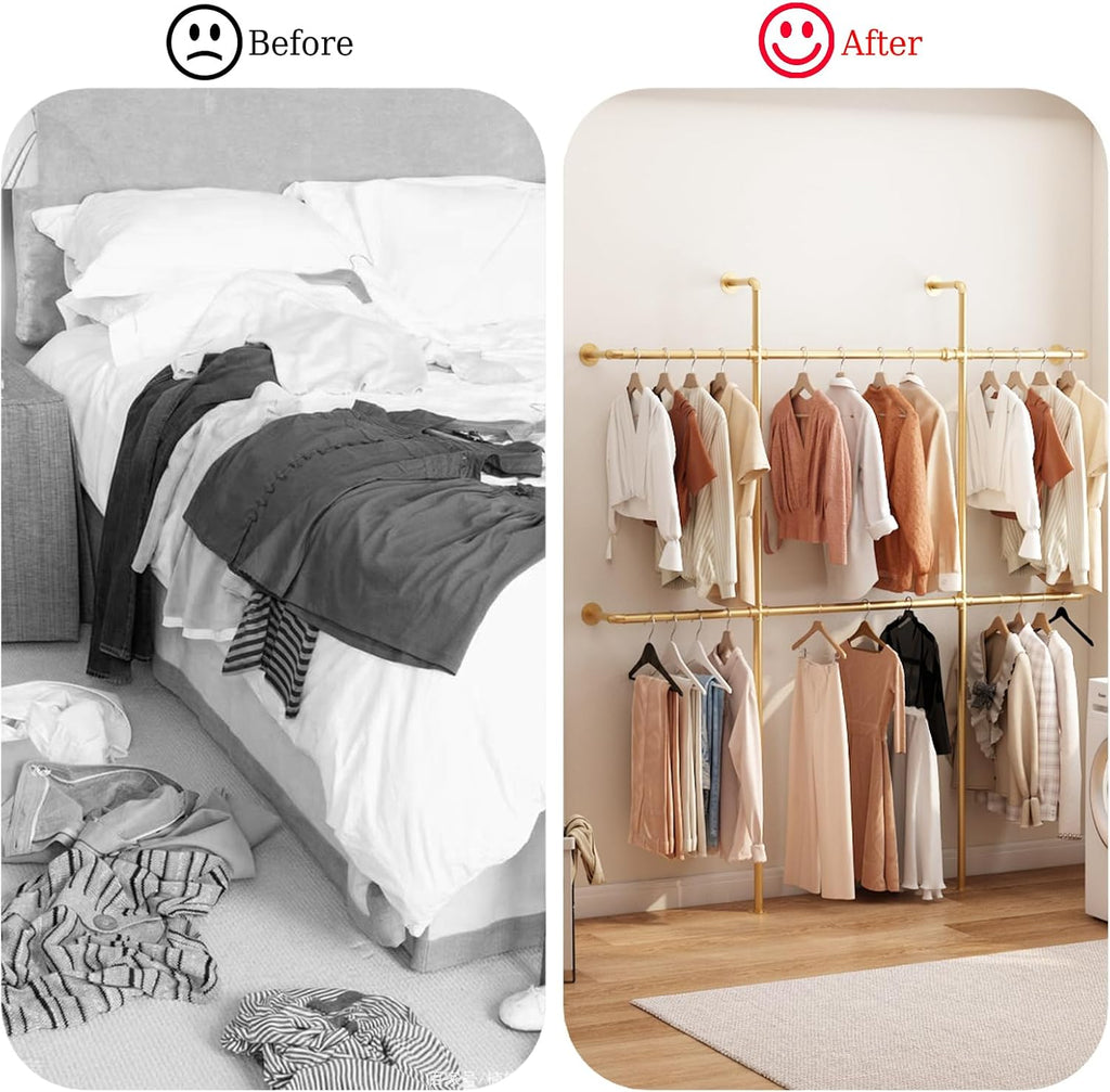 Gold Pipe Clothing Rack Wall Mounted, Industrial Pipe Clothes Racks