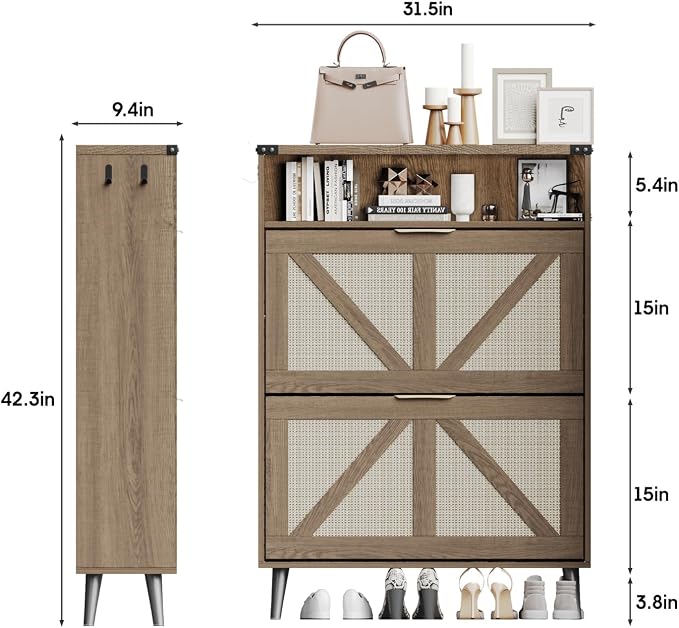 Shoe Cabinet with 2 Flip Drawers & Open Storage, Farmhouse Shoe Storage Cabinet - Image 2