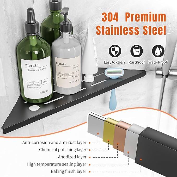 Corner Shower Shelf with Razor Hole, Modern Sturdy Shower Caddy, No Drilling - Image 4
