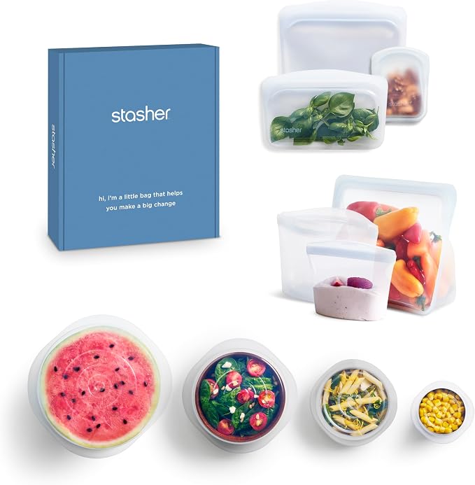 Stasher Premium Silicone Reusable Food Storage Bags and Stretch Lids 10-Pack by Stasher