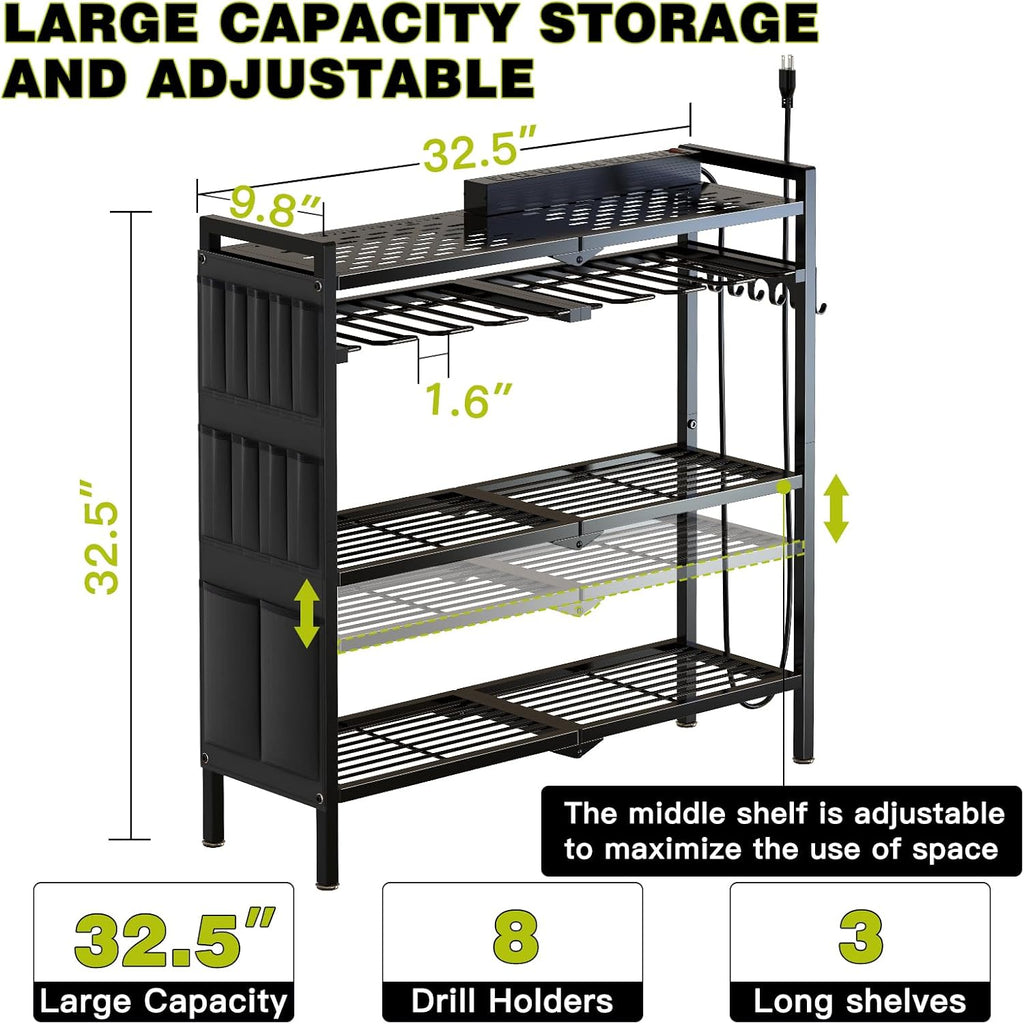 Power Tool Organizer Cart with Charging Station, 8 Drills, Black