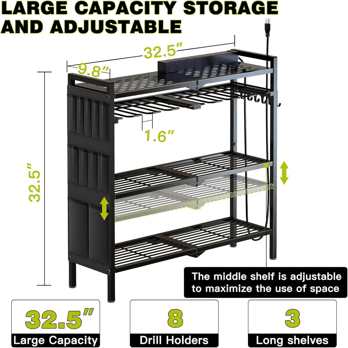 Power Tool Organizer Cart with Charging Station, 8 Drills, Black